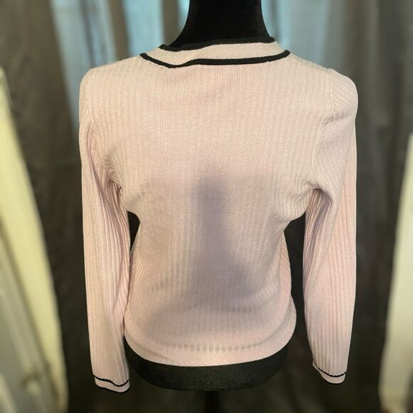 Express Pink Ribbed V-Neck Cardigan Black Trim Gold Buttons Classic Elegant Med - Picture 4 of 13